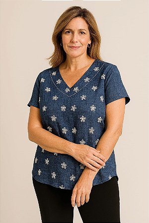 BLUSA COM MANGA CURTA BORDADO FLOCOS NEVE  CALÇA FORRADA BOLSOS PESPONTADOS CREPE DE JEANS