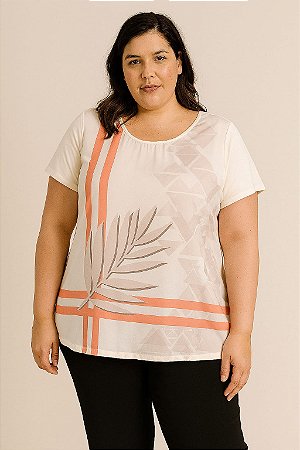 BLUSA MANGA CURTA FRENTE SEDINHA ESTAMPADA LARANJA E BRANCA MARROM  E ATRAS MALHA BRANCA