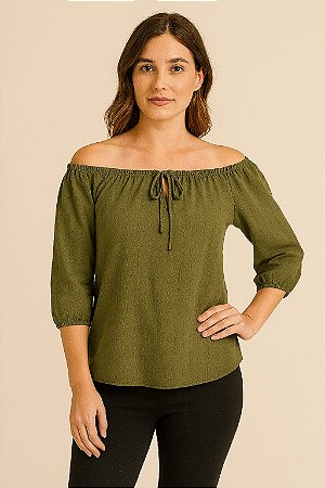 BLUSA CIGANINHA MANGA 7/8 E AMARRAÇÃO DECOTE VERDE MUSGO