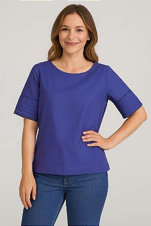 BLUSA LISA DECOTE CANOA COM MANGA TRABALHADA