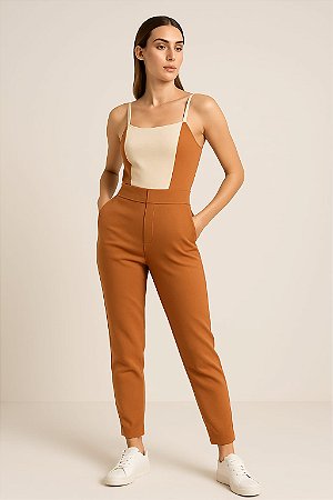 CONJUNTO  REGATA ALÇA AJUSTAVEL E CALÇA ELASTICO E ZIPER LATERAL COR TERRA COTA E BEGE