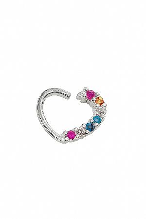 PIERCING PRATA 925 ORELHA ARGOLINHA CORAÇÃO COMUM LADO CRAVEJADO ZIRCONIAS COLORIDAS
