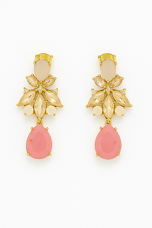 BRINCO FESTA GOTA ROSA CLARO FLOR DE ZIRCONIAS ROSAS NO MEIO E PINGENTE GOTA PINK BANHO OURO