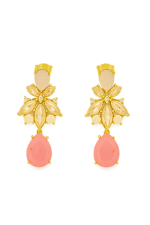 BRINCO FESTA GOTA ROSA CLARO FLOR DE ZIRCONIAS ROSAS NO MEIO E PINGENTE GOTA PINK BANHO OURO