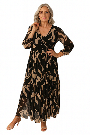 VESTIDO MIDI TUDE CINTURA E MANGAS LONGAS COM ELASTICO DECOTE V ESTAMPADO PRETO E NUDE