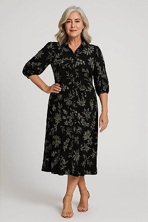 VESTIDO MIDI CHEMISE  MANGAS CURTAS ESTAMPADO FUNDO PRETO E FLORES E FOLHAS NUDE