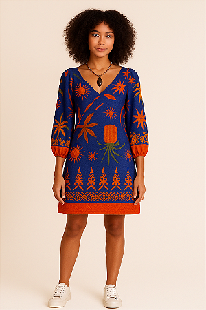 VESTIDO LONGO DECOTE V MANGAS 7/8 COM ELASTICO ROXO ESTAMPA FARM