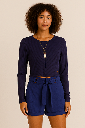 BLUSA CROPPED MALHA CANELADA MANGAS LONGAS COR AZUL ESCURO