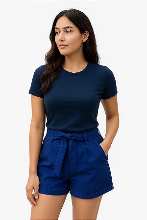 SHORT LINHO CINTO FIXO COM DUAS ARGOLAS ACRILICAS BARRA ITALIANA E ZIPER LATERAL AZUL ROYAL