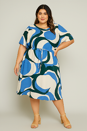 VESTIDO CURTO MEDIO  MANGAS E AMARRAÇÃO CINTURA ESTAMPADO AZUL VERDE E BEGE