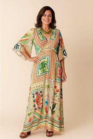 VESTIDO LONGO TRANSPASSADO MANGAS CURTAS ABERTURA NAS LATERAIS CINTURA ESTAMPA FARM