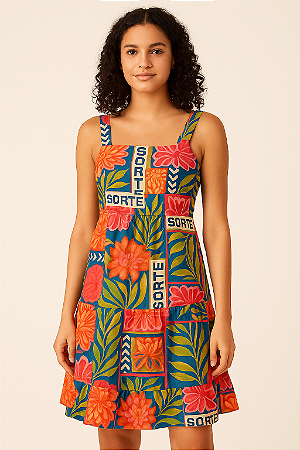 VESTIDO CURTO MEDIO ALÇA LARGA AMARRAÇÃO E ZIPER NAS COSTAS ESTAMPADO TROPICAL FLORES COLORIDO