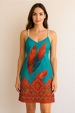 VESTIDO CURTO ALÇA CORDA POLIAMIDA ELASTANO ESTAMPADO INDIANO VERDE