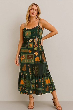 VESTIDO MIDI  ALÇINHA AJUSTAVEL AMARRAÇÃO NAS COSTAS VERDE MILITAR ESTAMPA FARM