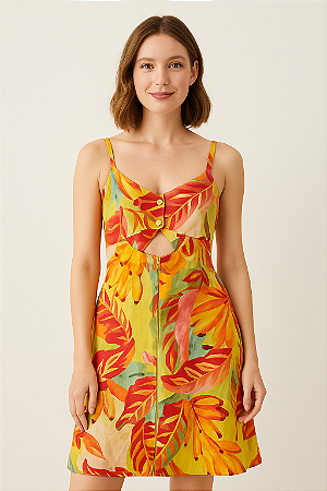 VESTIDO CURTO FORRRADO ALCINHA DETALHE ABERTURA COSTAS ESTAMPADO TROPICAL BANANAS COLORIDO