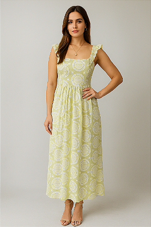 VESTIDO MIDI EM LASIE ALÇA FRANZIDA E BABADOS VERDE BORDADOS BEGE