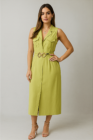 VESTIDO MIDI CHEMISE COM BOLSOS E CINTO VERDE PISTACHE