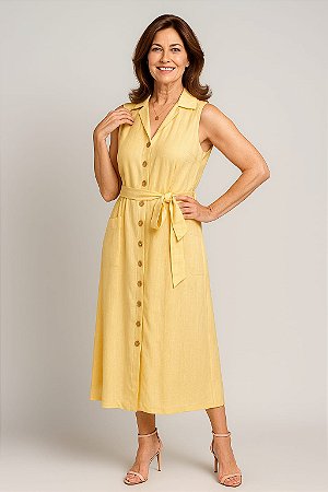 VESTIDO MIDI CAVADO COM GOLA BOTOES E BOLSOS GRANDES E PASSANTES AMARELO