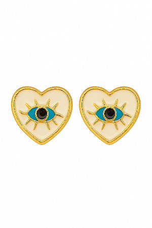 BRINCO CORAÇÃO ESMALTADO BRANCO CO OLHO GREGO EM ESMALTADO AZUL BANHO OURO