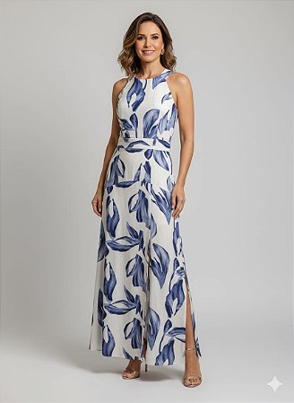 VESTIDO LONGO CAVADO RECOTE NA CINTURA ESTAMPADO AZUL E OFF WHITE