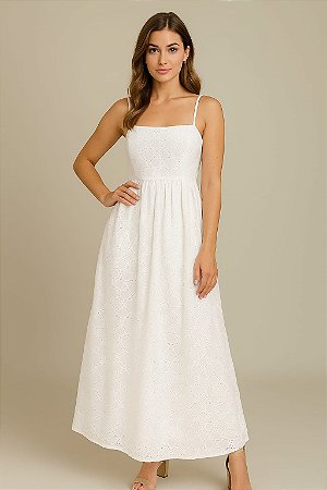 VESTIDO MIDI ALÇA FINA BORDADO CORAÇOES EM LASIE BRANCO