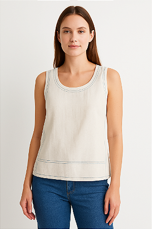 BLUSA CAVADA LINHO PESPONTADA EM AZUL LINHO CRU