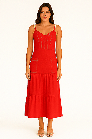 VESTIDO MIDI UMA MARIA ALÇA COM PEROLAS E CORPO COM PESPONTOS VERMELHO
