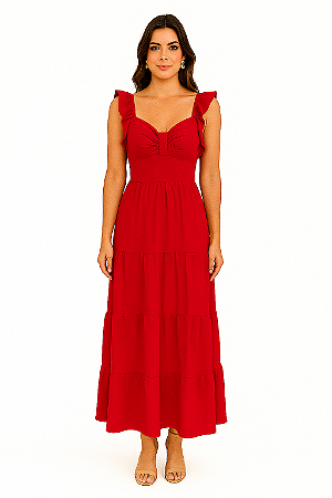 VESTIDO LONGO ALÇA BABADO TRES MARIAS ELASTICO NAS COSTAS VERMELHO