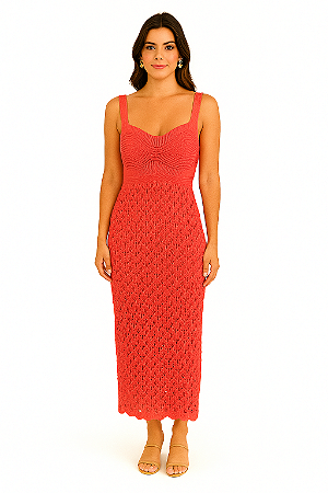 VESTIDO TRICO LONGO TRABALHADO FORRADO DE ALÇA LARGA VERMELHO