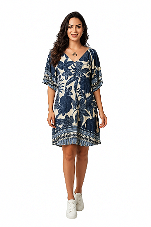 VESTIDO CURTO MANGAS CURTAS LARGAS AZUL E BRANCO ESTAMPA FARM