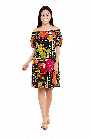 VESTIDO CURTO CIGANINHA COM MANGAS CURTAS ESTAMPADO PRETO E ROSA