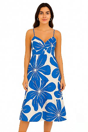 VESTIDO CURTO DECOTE V COM BOJOALCINHA FINA AJUSTAVEL AZUL E BRANCO