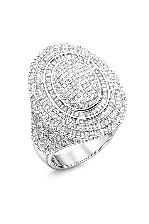 Anel festa Oval Grande Inteiro em Zirconias e uma Volta Canutilhos em Rodio Branco