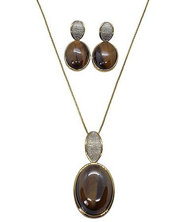 CONJUNTO PEDRA NATURAL OLHO DE TIGRE PEROLADO
