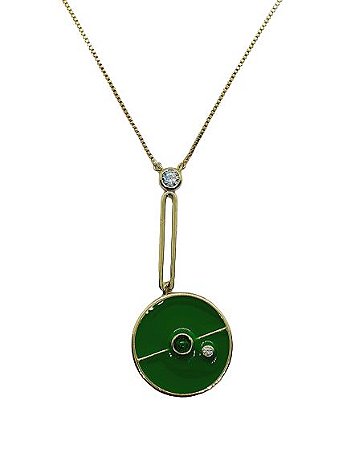 COLAR CORRENTE FINA E PINGENTE ESMALTADO VERDE COM ZIRCONIAS