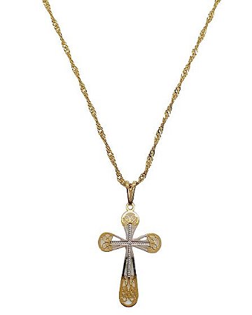 COLAR COM PINGENTE CRUCIFIXO OURO18K E RODIO BRANCO