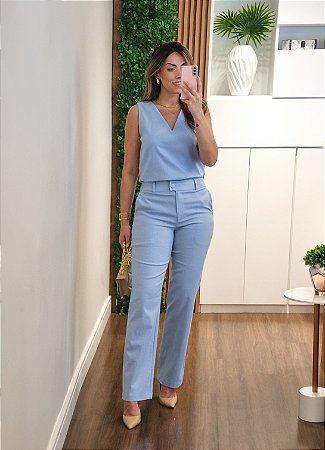 Conjunto azul em linho regata e calça