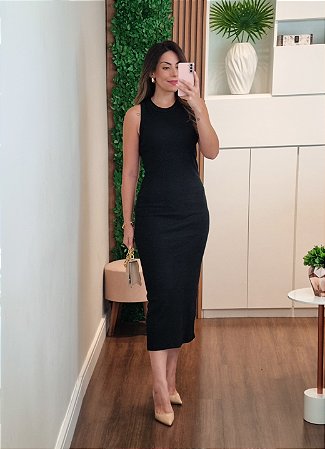 Vestido midi malha canelada preto