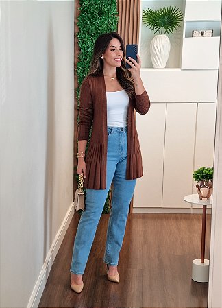 Maxi cardigan canelado marrom