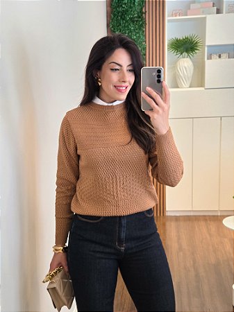 Blusa Tricô Ponto Vazado Caramelo