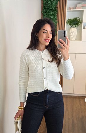 Casaqueto Tricô Off White Botões Perolados