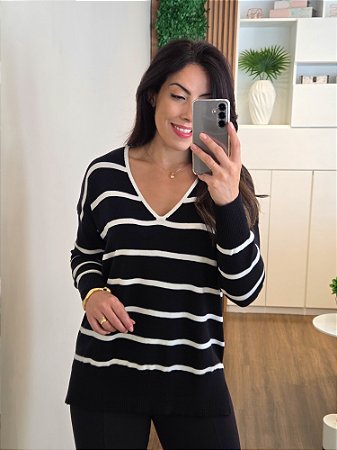 Blusa Tricô Listrado Preta Manga Longa