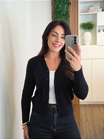 Cardigan Tricô Preto Manga Longa
