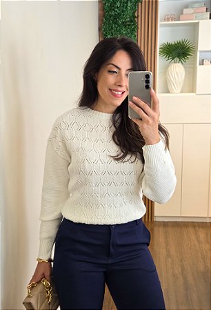 Blusa Tricô Ponto Rendado Off White Manga Longa