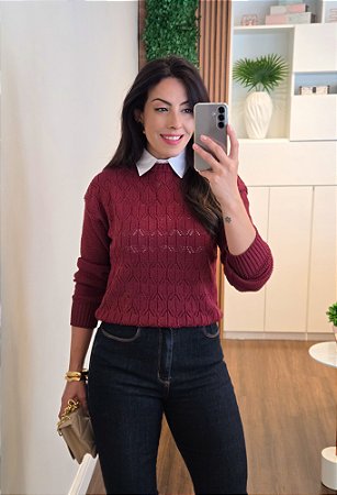 Blusa Tricô Ponto Rendado Vinho Manga Longa