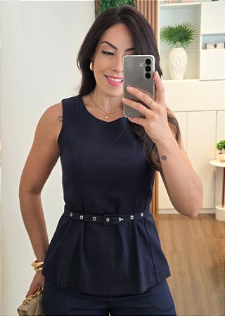 Blusa Peplum com Linho e Cinto Marinho