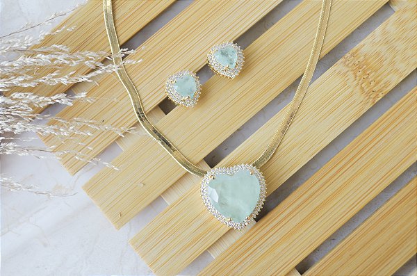 CONJUNTO CORAÇÃO TURQUESA ZIRCÔNIA