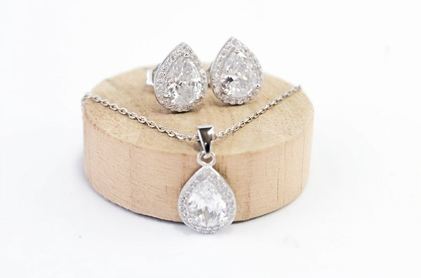 CONJUNTO GOTA DE ZIRCONIA PRATA 925 COM RODIO