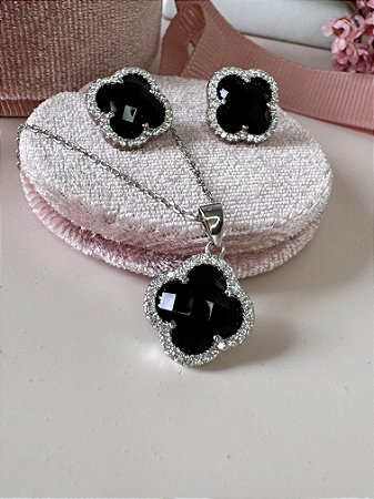 CONJUNTO TREVO DE PRATA 925 COM RODIO BRANCO