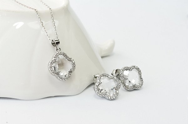 CONJUNTO TREVO DE PRATA 925 COM RODIO BRANCO